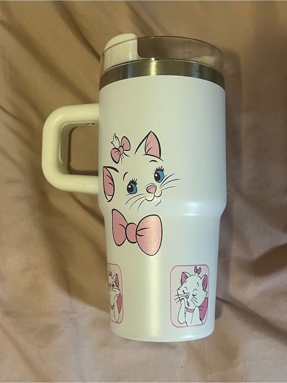 White Travel Mug with Pink Cat Design - Brand:
